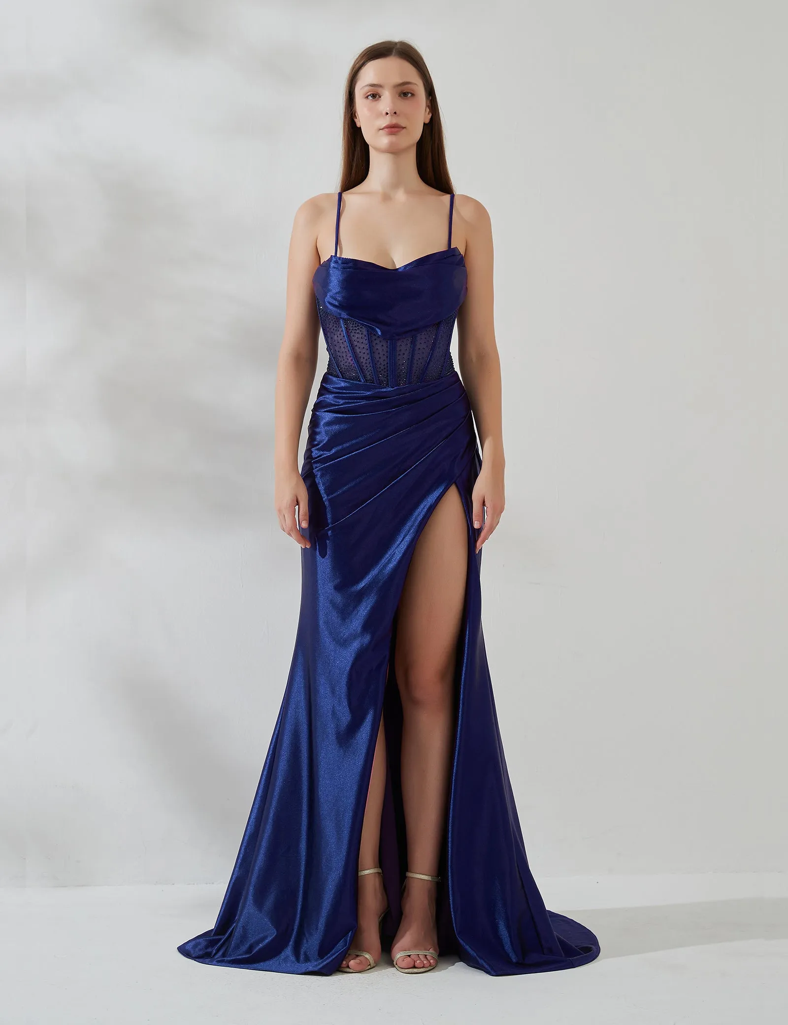 Cowl Neck Spaghetti Strap Pleated Sheer Boned Dress With Split