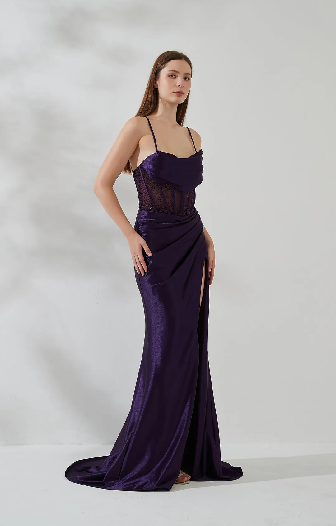 Cowl Neck Spaghetti Strap Pleated Sheer Boned Dress With Split
