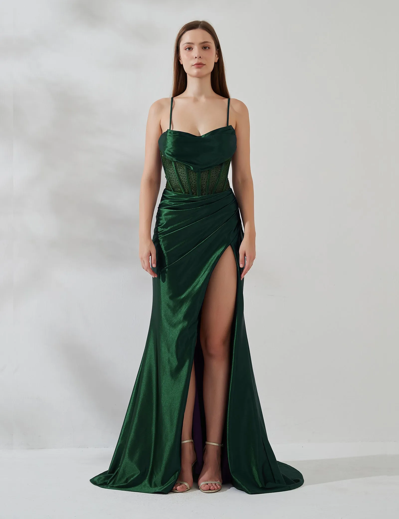 Cowl Neck Spaghetti Strap Pleated Sheer Boned Dress With Split
