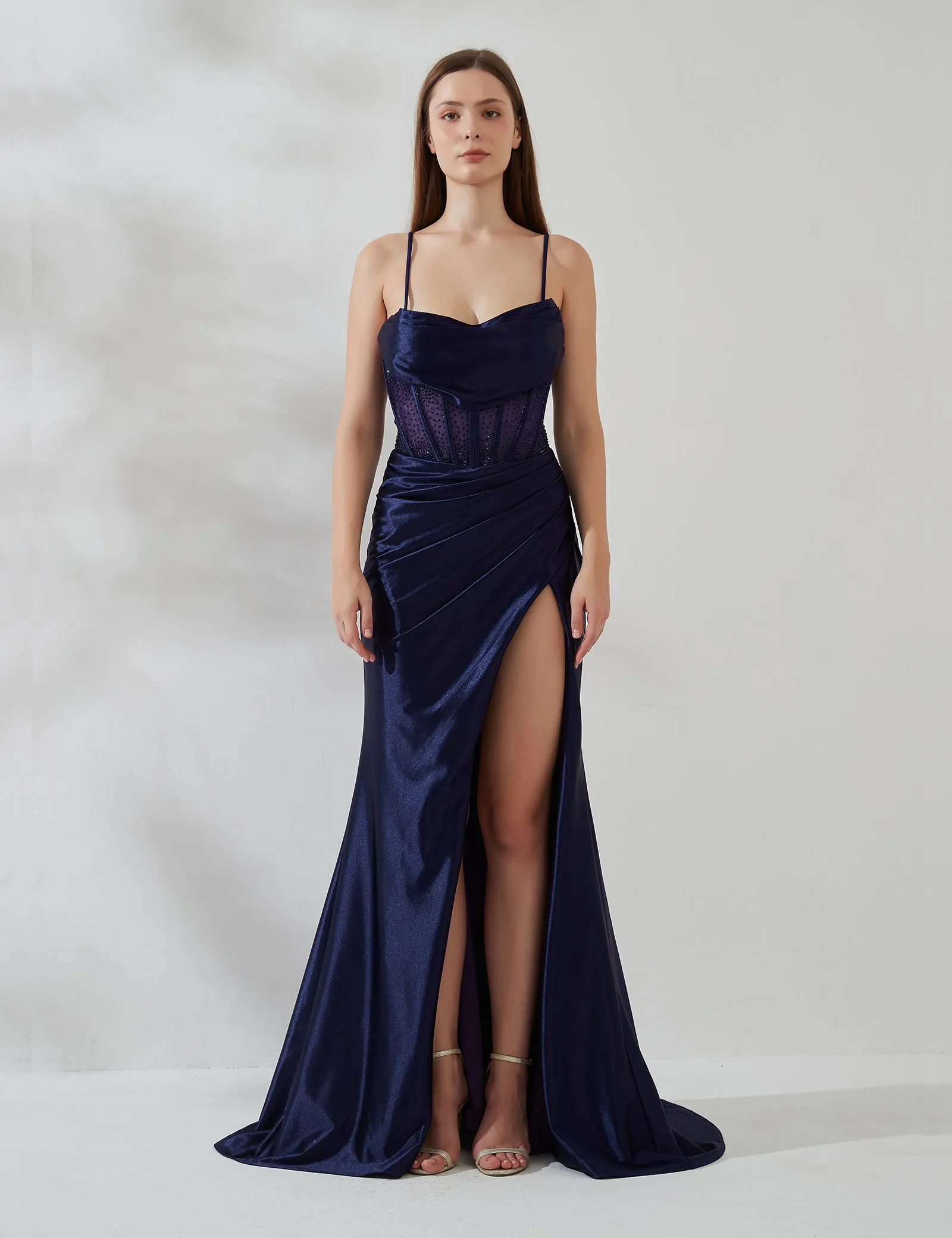 Cowl Neck Spaghetti Strap Pleated Sheer Boned Dress With Split