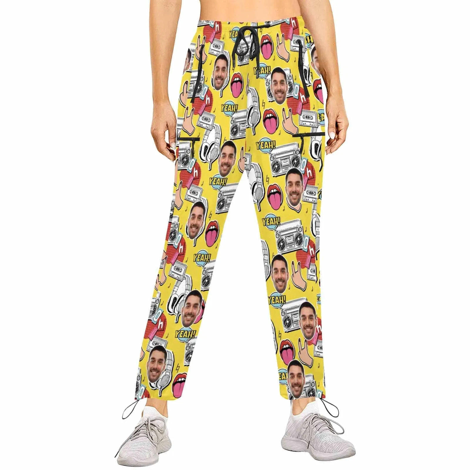 Custom Face Yellow Couple's All Over Print Casual Elastic Drawstring Pants Personalized Quick Dry Pants