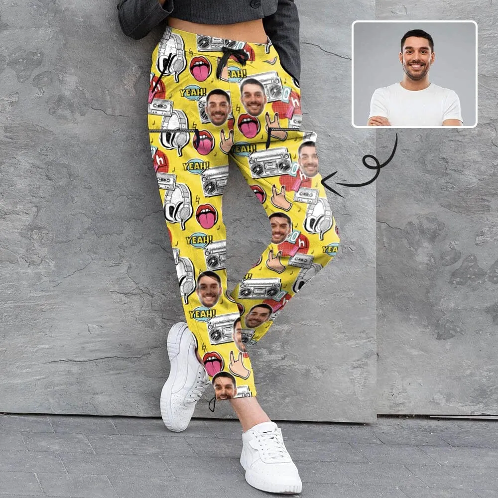 Custom Face Yellow Couple's All Over Print Casual Elastic Drawstring Pants Personalized Quick Dry Pants