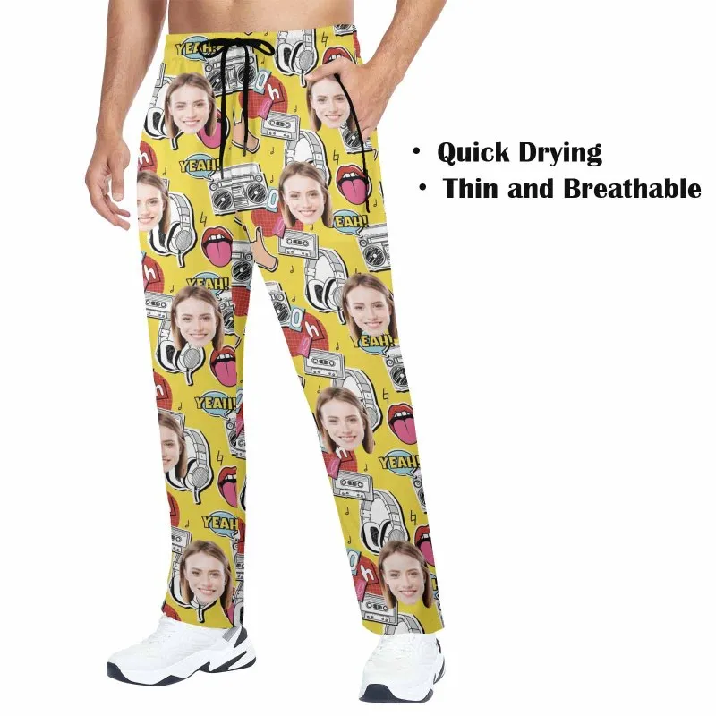 Custom Face Yellow Couple's All Over Print Casual Elastic Drawstring Pants Personalized Quick Dry Pants
