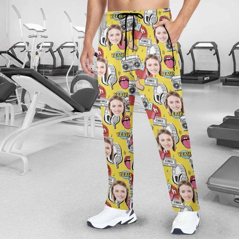 Custom Face Yellow Couple's All Over Print Casual Elastic Drawstring Pants Personalized Quick Dry Pants