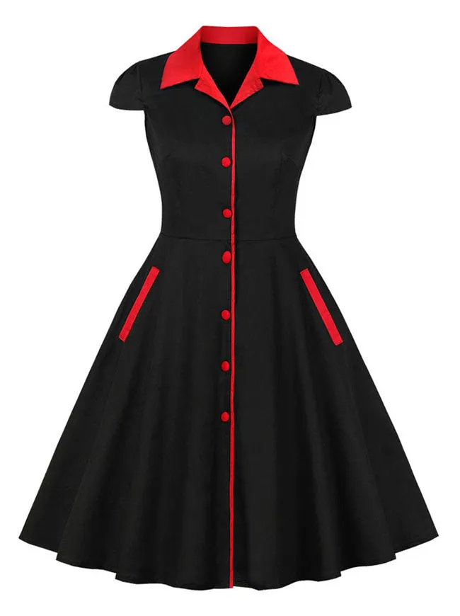 Elegant Vintage Retro Chic Button Pocket Swing Cocktail Dress