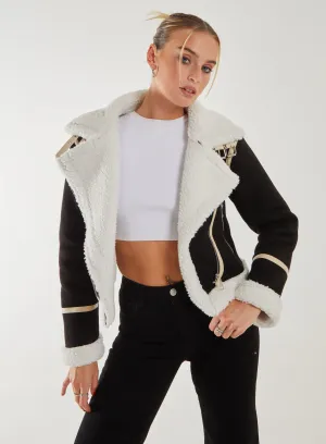 Faux Shearling Collar Zip Jacket