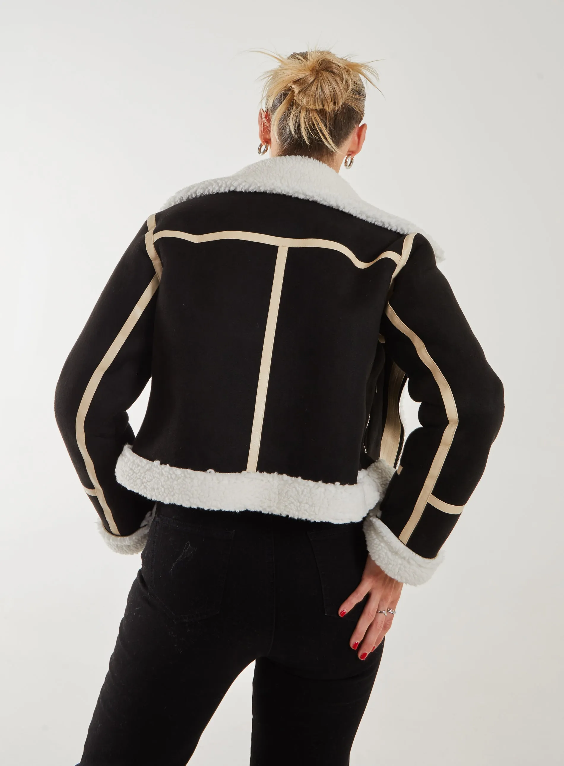 Faux Shearling Collar Zip Jacket