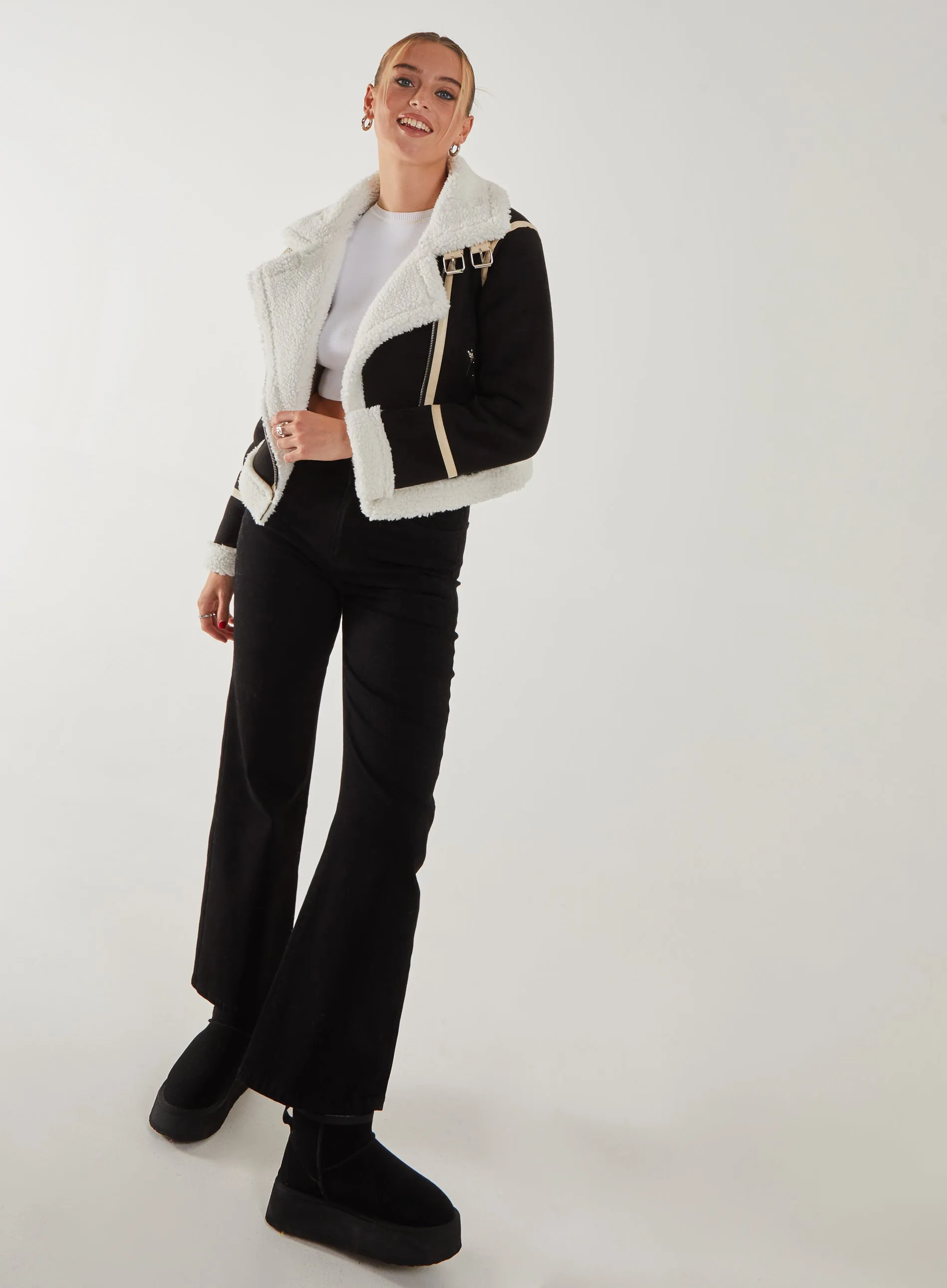 Faux Shearling Collar Zip Jacket
