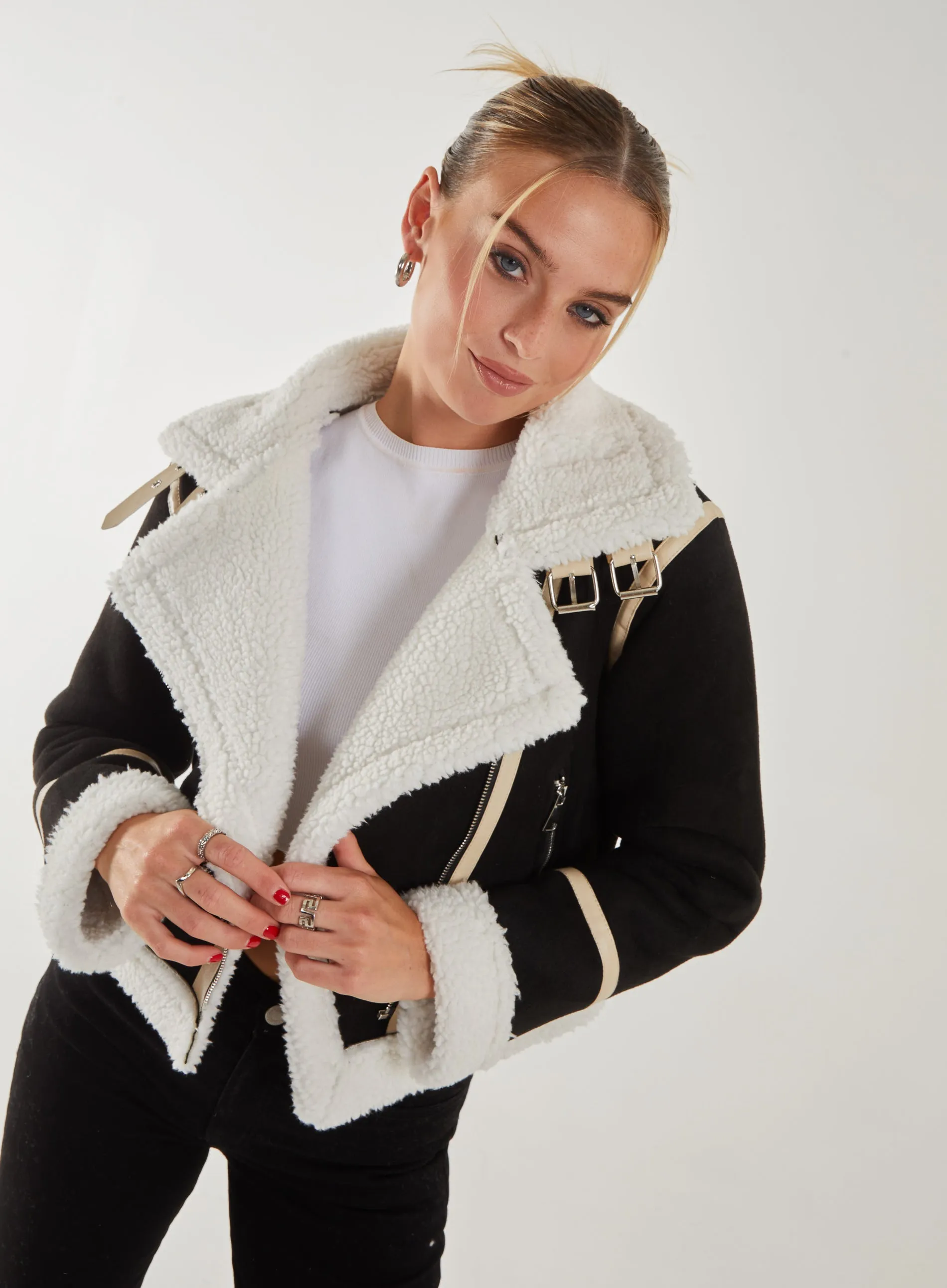 Faux Shearling Collar Zip Jacket