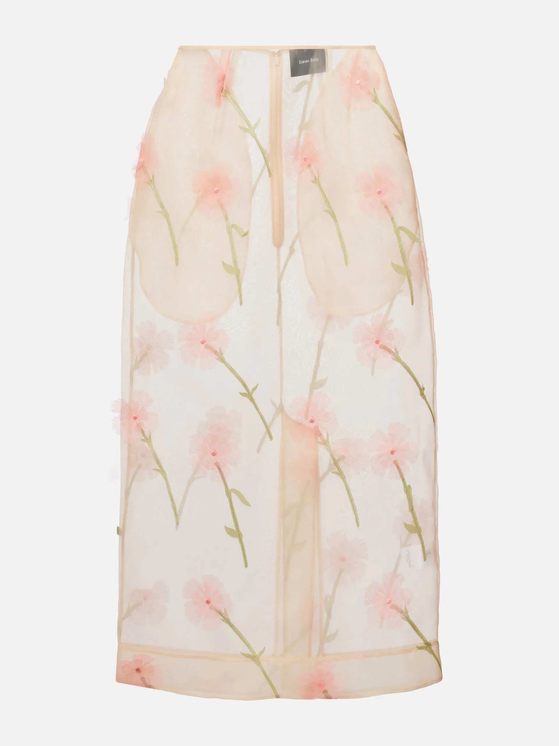 Floral-appliqué organza pencil skirt