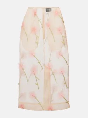 Floral-appliqué organza pencil skirt