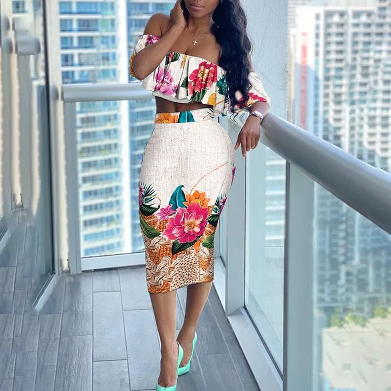 Floral Ruffles Bodycon Skirt Set