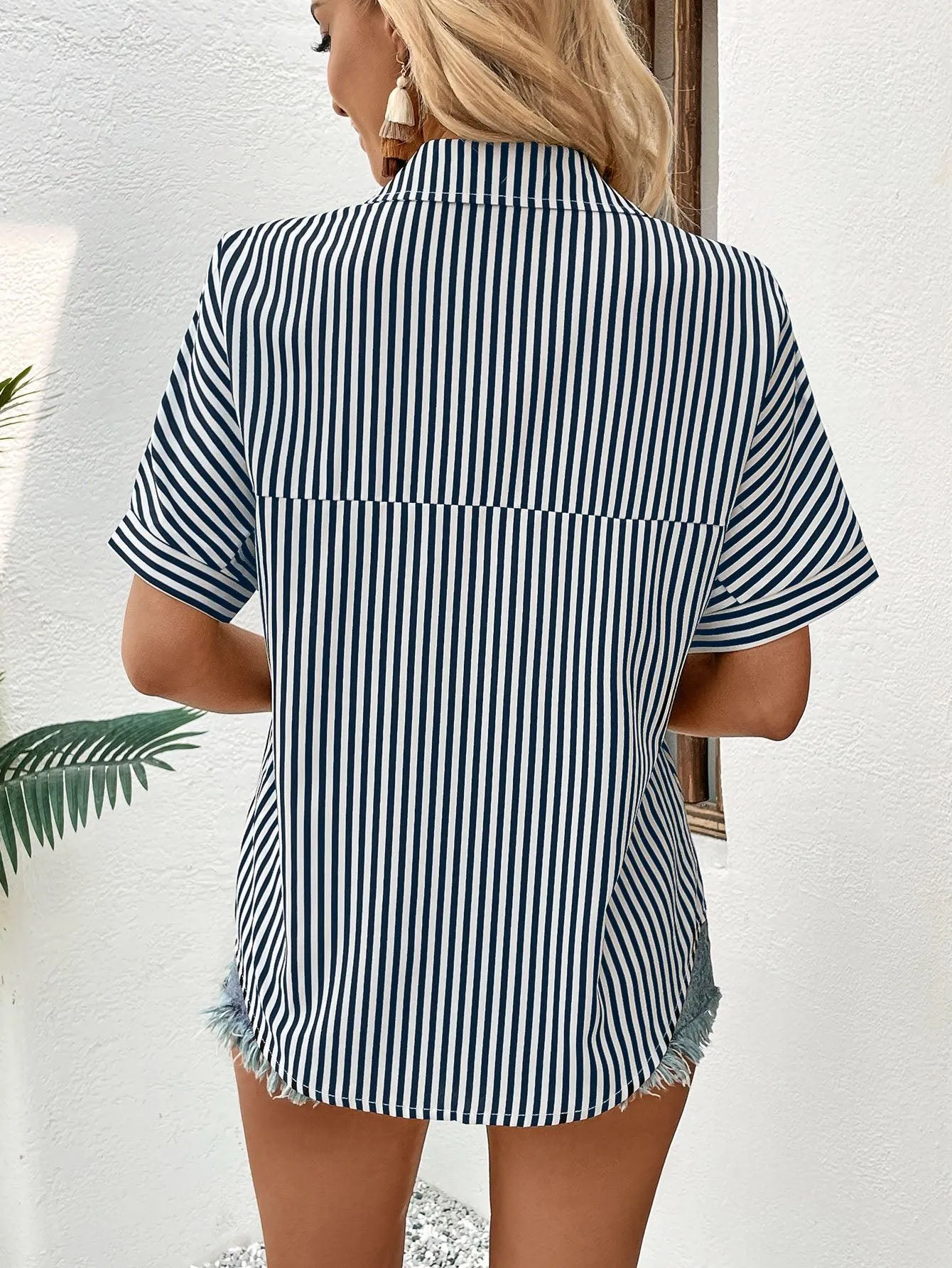 Get Moving Collared Striped Blouse