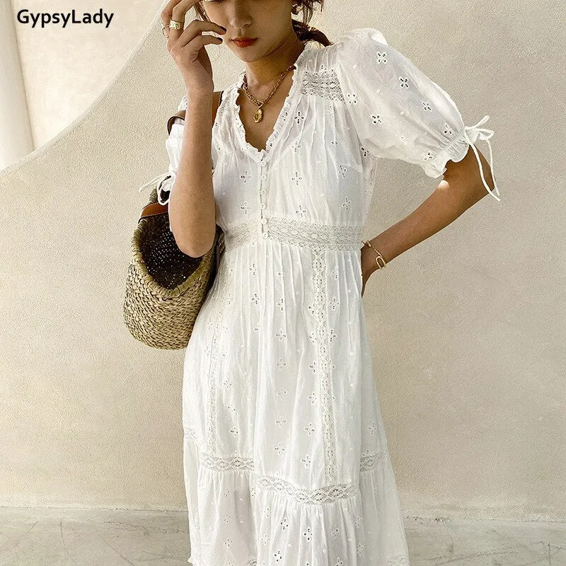GypsyLady White Lace Women Dress 100% Cotton Casual Chic Summer