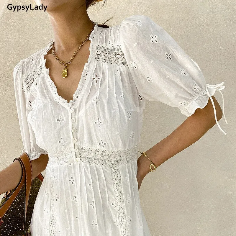 GypsyLady White Lace Women Dress 100% Cotton Casual Chic Summer