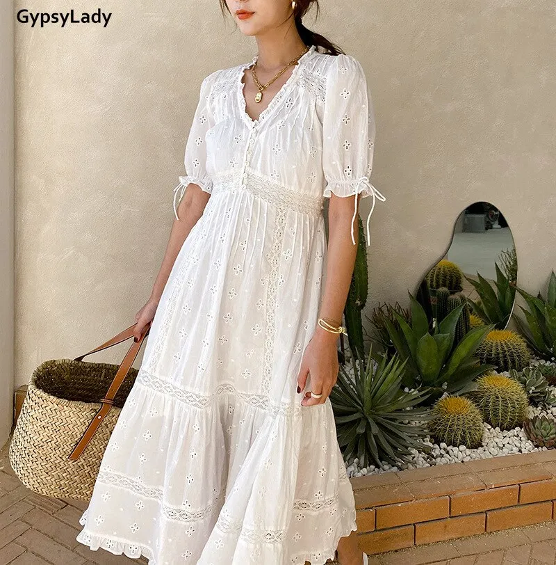GypsyLady White Lace Women Dress 100% Cotton Casual Chic Summer