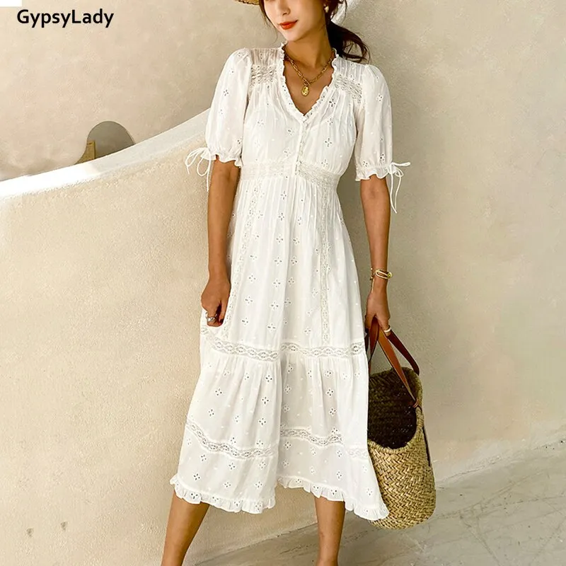 GypsyLady White Lace Women Dress 100% Cotton Casual Chic Summer