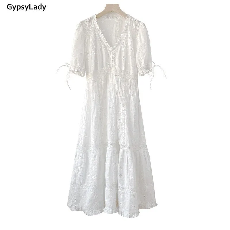 GypsyLady White Lace Women Dress 100% Cotton Casual Chic Summer