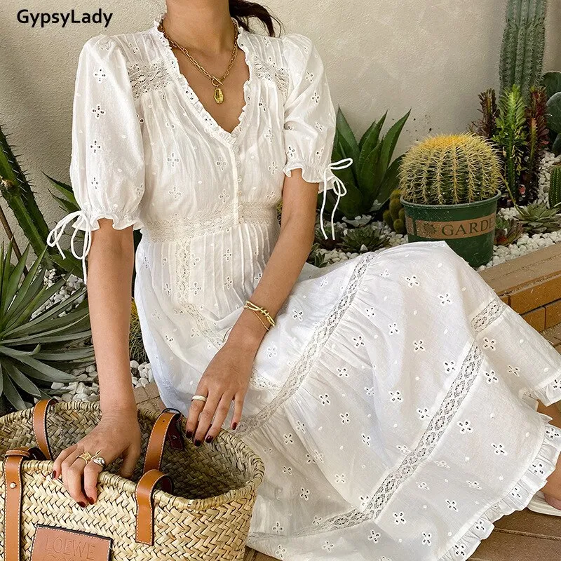 GypsyLady White Lace Women Dress 100% Cotton Casual Chic Summer