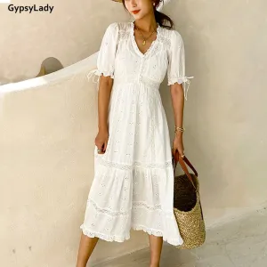 GypsyLady White Lace Women Dress 100% Cotton Casual Chic Summer