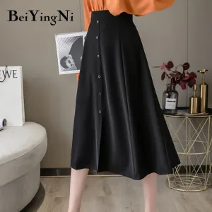 Joskaa Christmas Gift Beiyingni 2024 Midi Skirt Women Solid Color Buttons High Waist Vintage Harajuku Elegant Maxi Long A Line Skirts Fashion Clothes