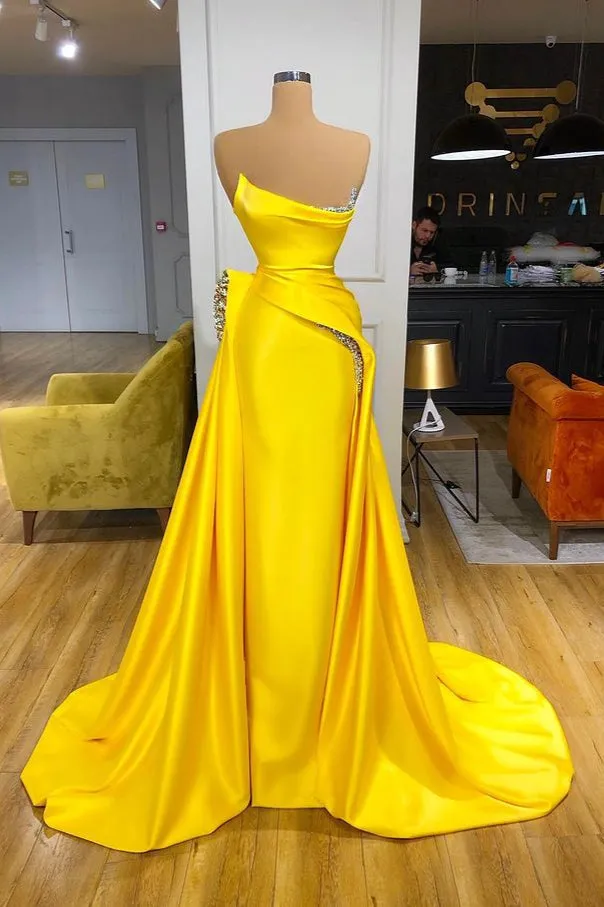 kamahe Bright Yellow Strapless Metallic Sequin Overskirt Prom Dress