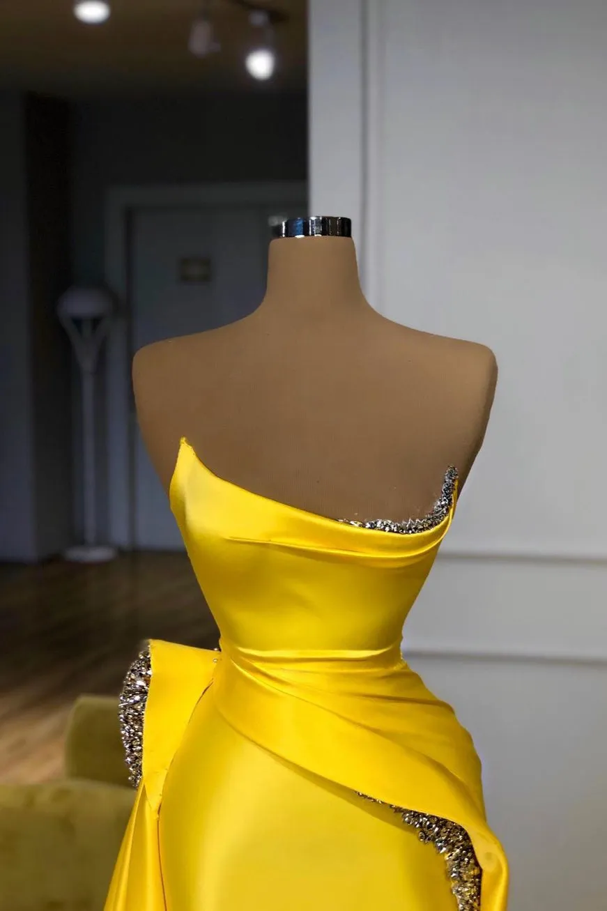 kamahe Bright Yellow Strapless Metallic Sequin Overskirt Prom Dress