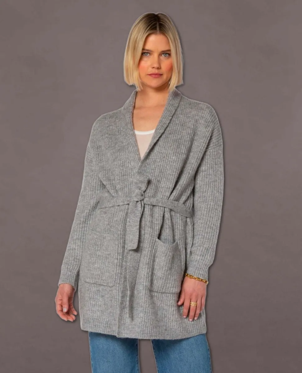 Landon Long Sleeve Open Cardigan Sweater with Tie Belt and Patch Pockets