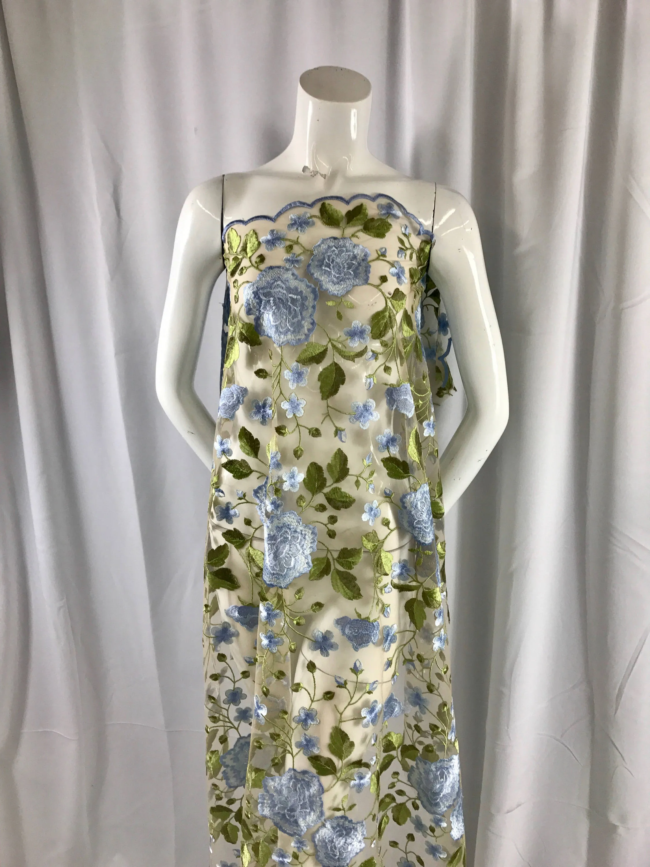 Light Blue flower garden design embroider on a nude mesh lace multi colors-nightgown-dresses-fashion-decorations-sold by the yard.