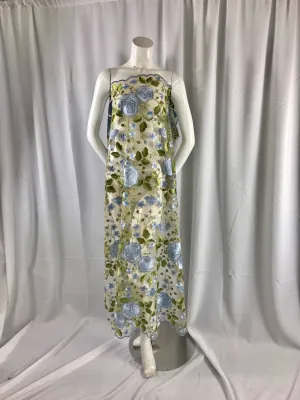 Light Blue flower garden design embroider on a nude mesh lace multi colors-nightgown-dresses-fashion-decorations-sold by the yard.