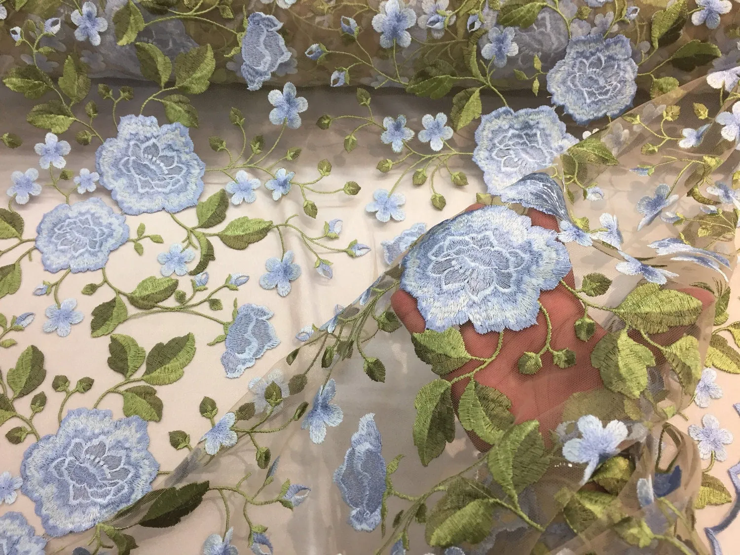 Light Blue flower garden design embroider on a nude mesh lace multi colors-nightgown-dresses-fashion-decorations-sold by the yard.