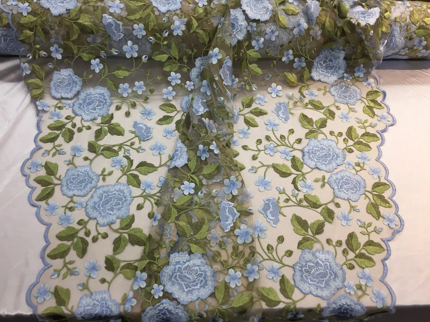 Light Blue flower garden design embroider on a nude mesh lace multi colors-nightgown-dresses-fashion-decorations-sold by the yard.