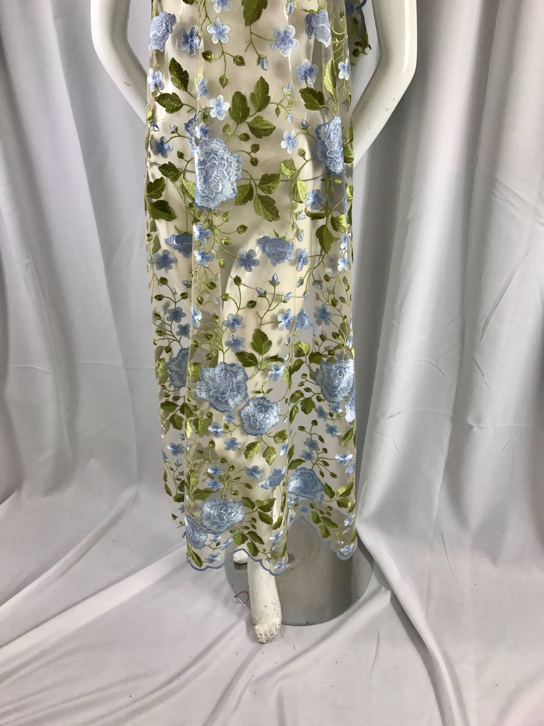 Light Blue flower garden design embroider on a nude mesh lace multi colors-nightgown-dresses-fashion-decorations-sold by the yard.