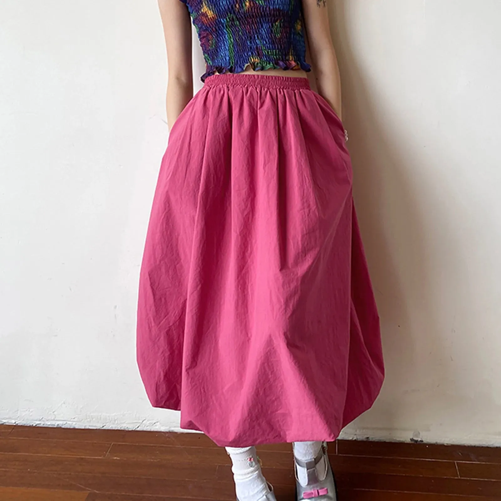 LVSANW Long Skirt Women Elegant Solid Elastic Waist A-line Vintage Korean Fashion Loose Balloon Maxi Skirt Casual Y2K Streetwear