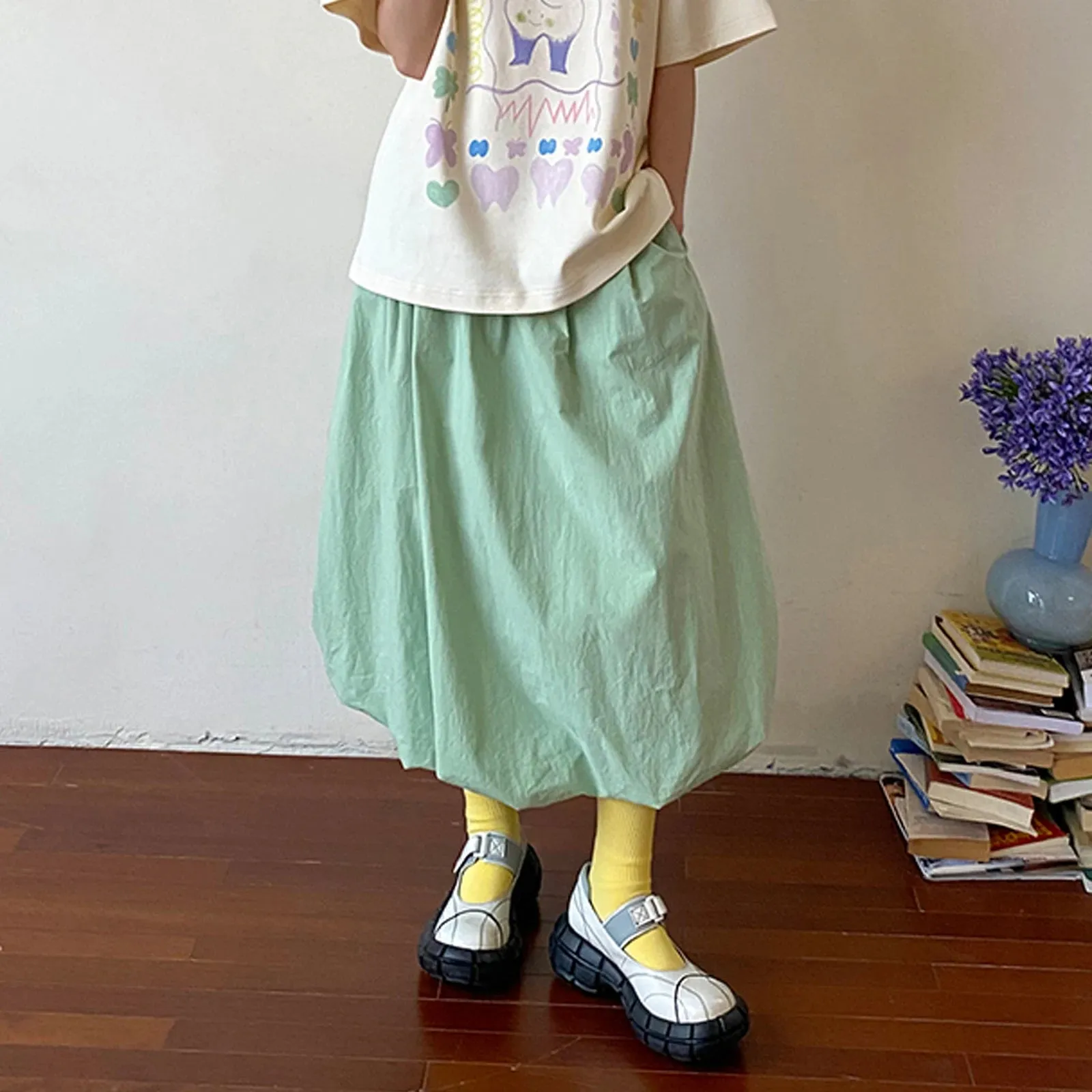 LVSANW Long Skirt Women Elegant Solid Elastic Waist A-line Vintage Korean Fashion Loose Balloon Maxi Skirt Casual Y2K Streetwear