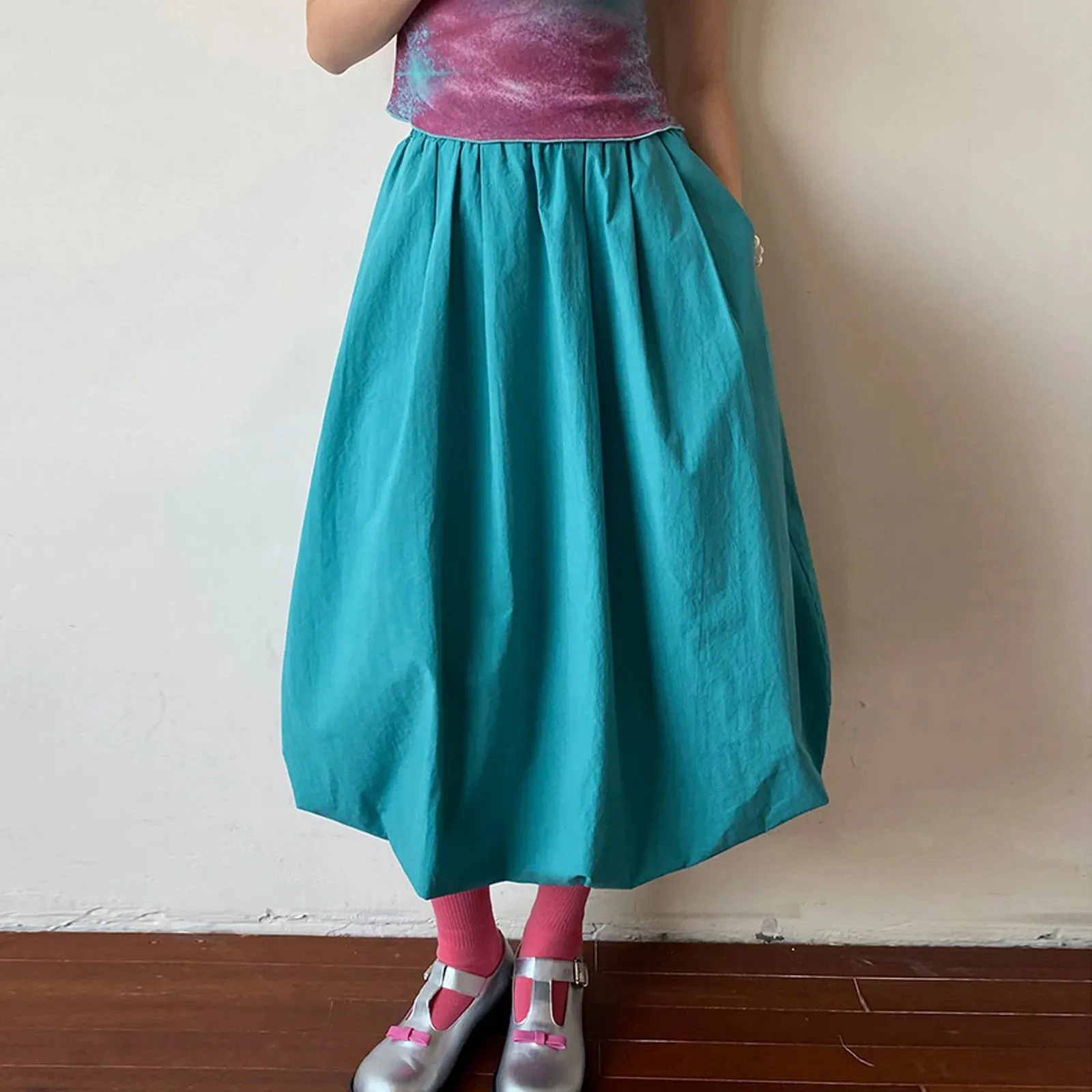 LVSANW Long Skirt Women Elegant Solid Elastic Waist A-line Vintage Korean Fashion Loose Balloon Maxi Skirt Casual Y2K Streetwear