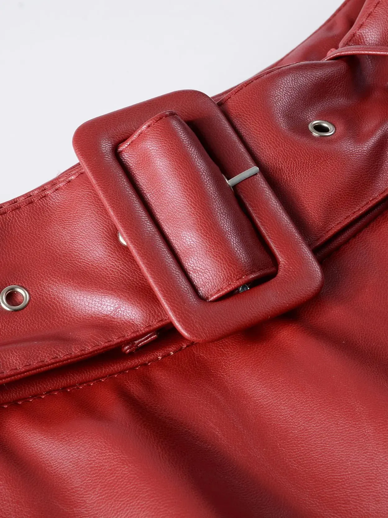 LVSANW Women Autumn Winter Vintage PU Faux Leather Long Skirts Lady Elegant High Waist A-Line Midi Mid-Calf Maxi Burgundy Wine Red Belt