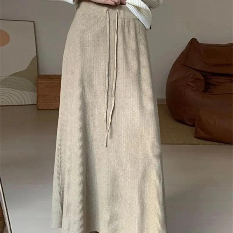 LVSANW Women Clothing Korean Fashion Simple Chic Lace-up Knitted Long Skirts Autumn Winter Elegant High Waist Solid A Line Skirt Faldas