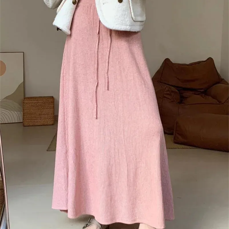 LVSANW Women Clothing Korean Fashion Simple Chic Lace-up Knitted Long Skirts Autumn Winter Elegant High Waist Solid A Line Skirt Faldas
