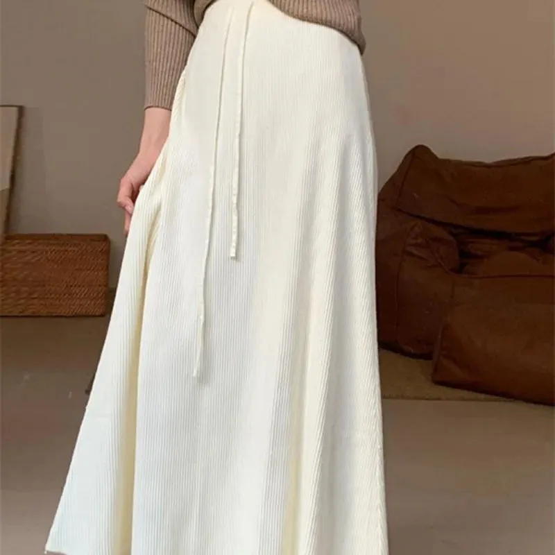 LVSANW Women Clothing Korean Fashion Simple Chic Lace-up Knitted Long Skirts Autumn Winter Elegant High Waist Solid A Line Skirt Faldas