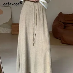 LVSANW Women Clothing Korean Fashion Simple Chic Lace-up Knitted Long Skirts Autumn Winter Elegant High Waist Solid A Line Skirt Faldas