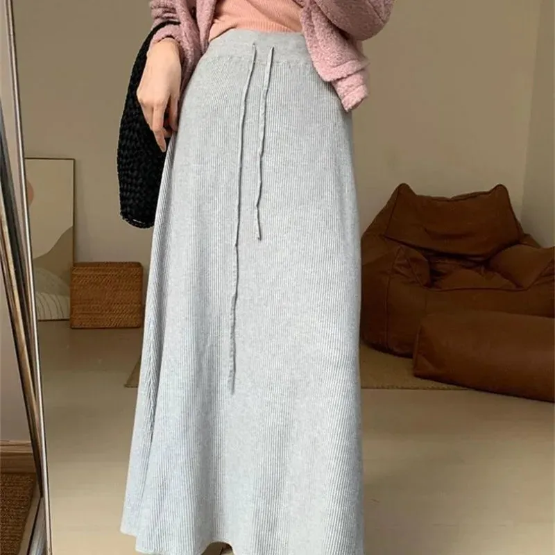 LVSANW Women Clothing Korean Fashion Simple Chic Lace-up Knitted Long Skirts Autumn Winter Elegant High Waist Solid A Line Skirt Faldas