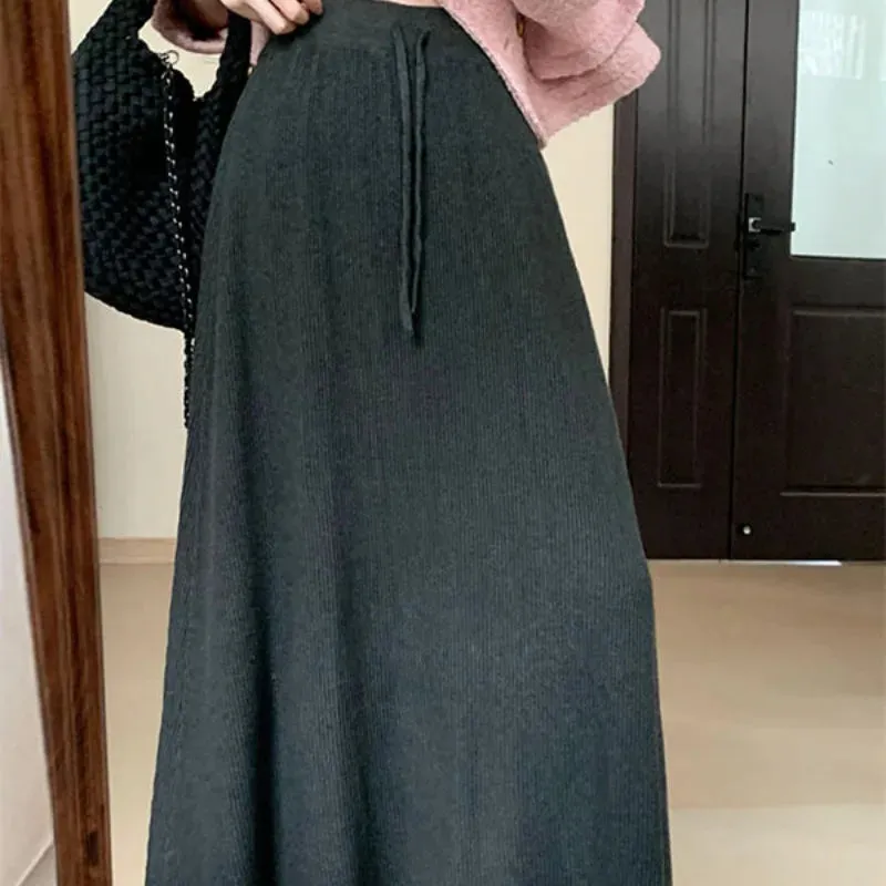 LVSANW Women Clothing Korean Fashion Simple Chic Lace-up Knitted Long Skirts Autumn Winter Elegant High Waist Solid A Line Skirt Faldas