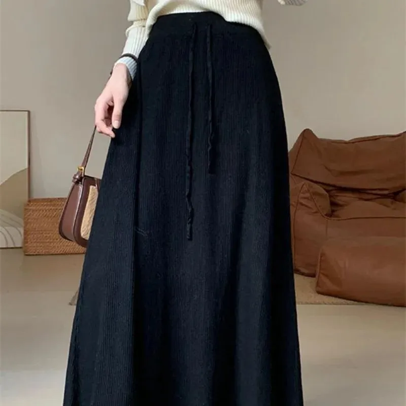 LVSANW Women Clothing Korean Fashion Simple Chic Lace-up Knitted Long Skirts Autumn Winter Elegant High Waist Solid A Line Skirt Faldas