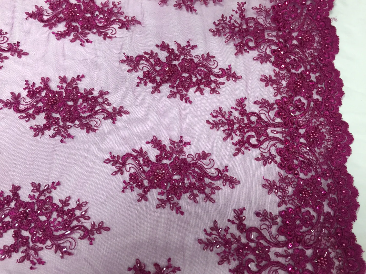 Magenta marvelous flower design embroider and beaded on a mesh lace-prom-nightgown-decorations-Sold by the yard.