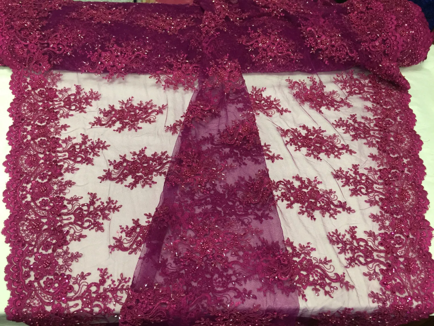 Magenta marvelous flower design embroider and beaded on a mesh lace-prom-nightgown-decorations-Sold by the yard.