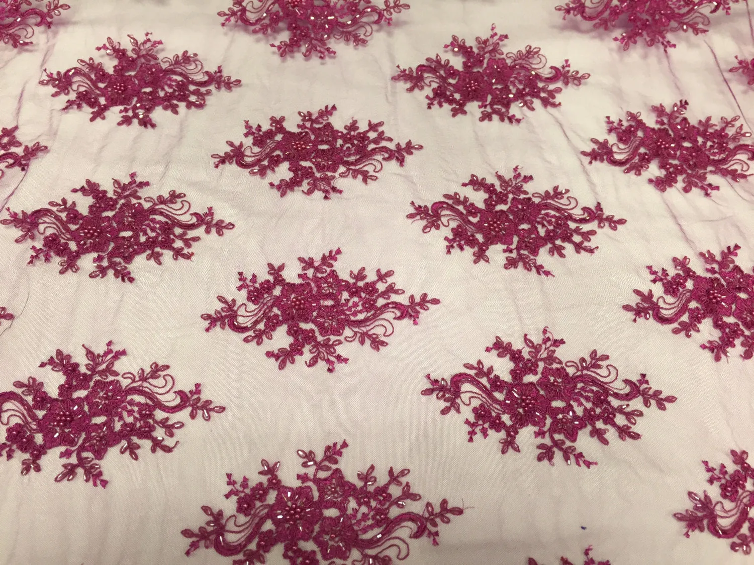Magenta marvelous flower design embroider and beaded on a mesh lace-prom-nightgown-decorations-Sold by the yard.