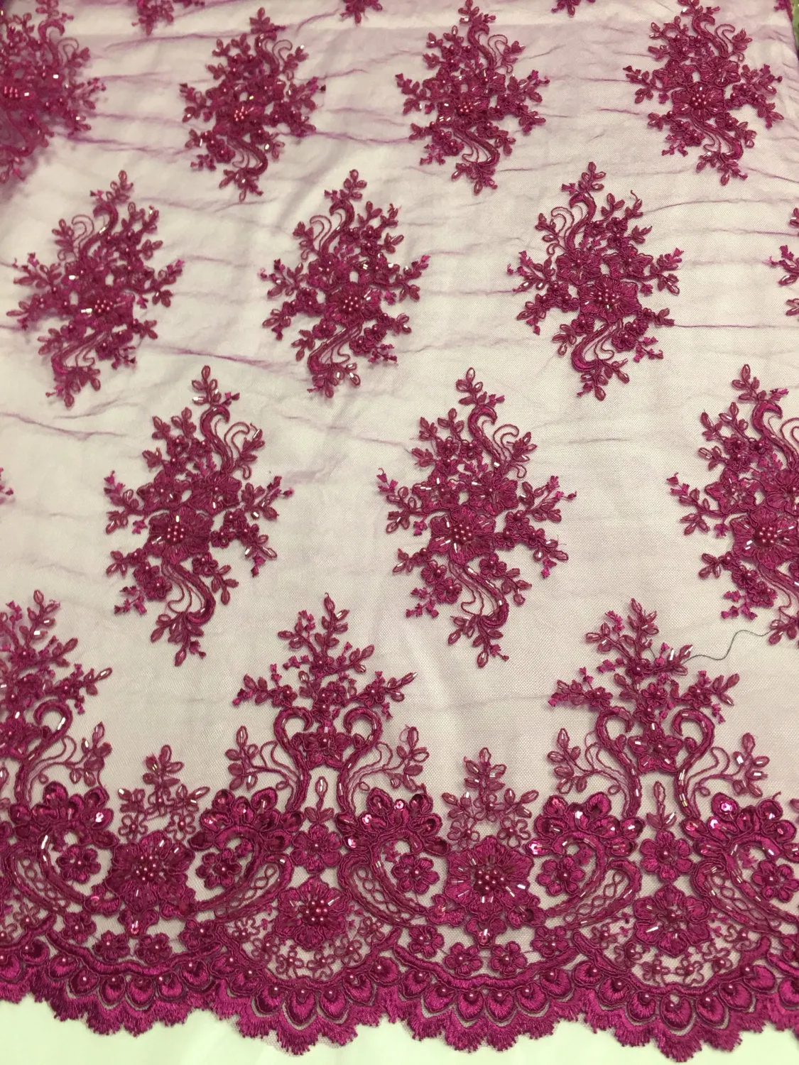 Magenta marvelous flower design embroider and beaded on a mesh lace-prom-nightgown-decorations-Sold by the yard.