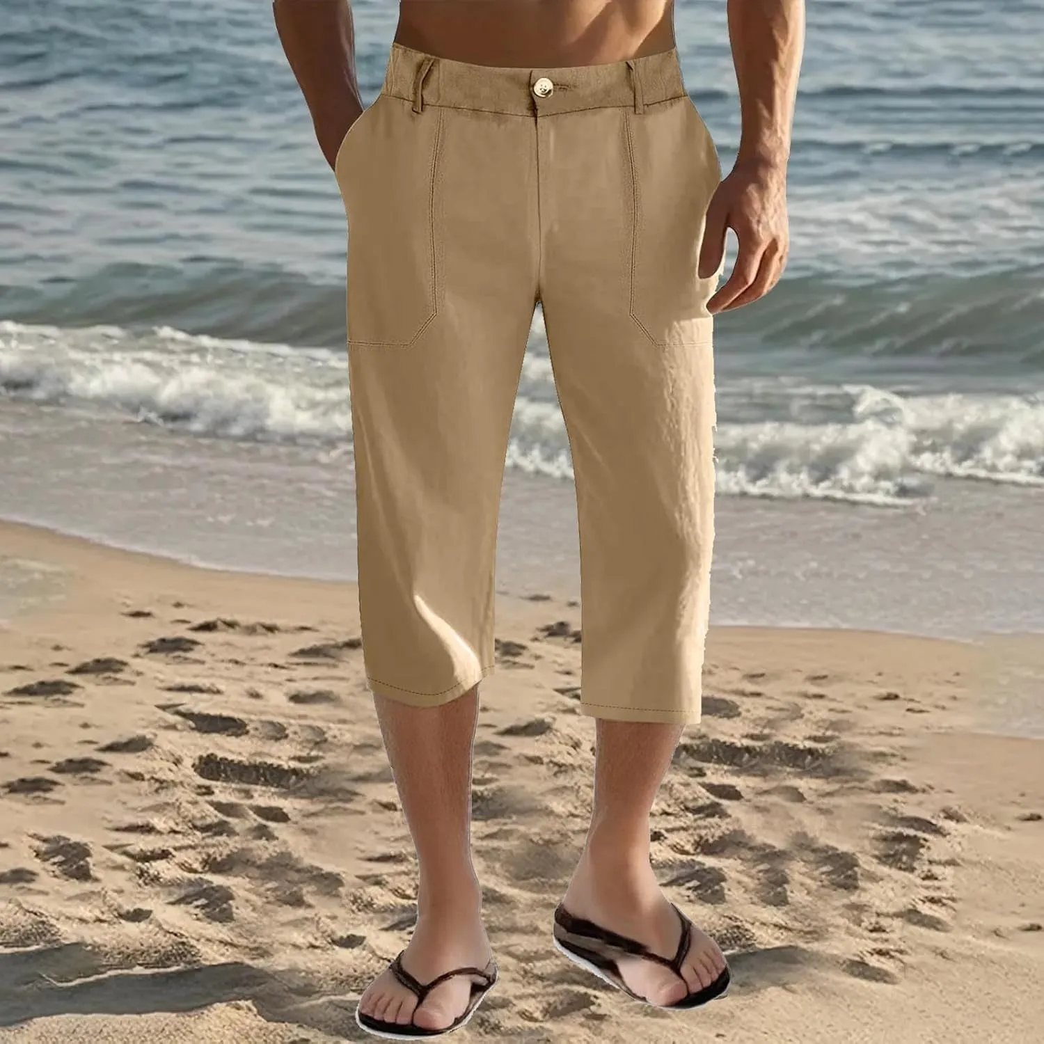Mens Cropped Linen Pants with Button Closure Relaxed Fit Casual Beachwear Pants for Men Summer Style