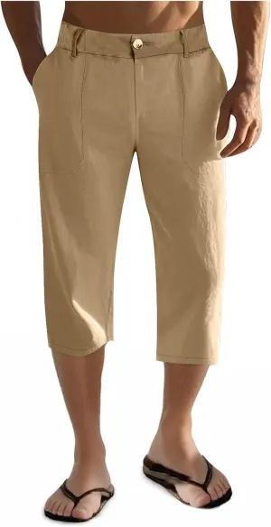 Mens Cropped Linen Pants with Button Closure Relaxed Fit Casual Beachwear Pants for Men Summer Style